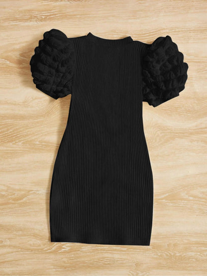 TAGAS Young Girl Contrast Dobby Mesh Puff Sleeve Dress || Girls Dress || Party Dress for Girls ||Fency Dress||(GCD)