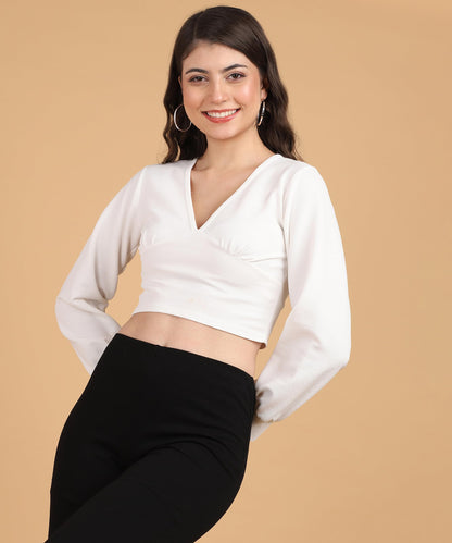 POPWINGS Women Casual Self Design White Deep V Neck Full Sleeve Crop Top