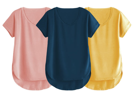 Fabricorn Combo Of Three Plain Mustard Yellow, Dusty Rose And Airforce Blue V-Neck Up And Down Cotton Tshirt For Women (Mustard