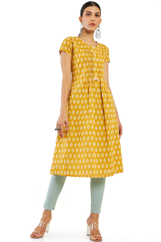 Soch Women Yellow Cotton Blend Printed Kurta