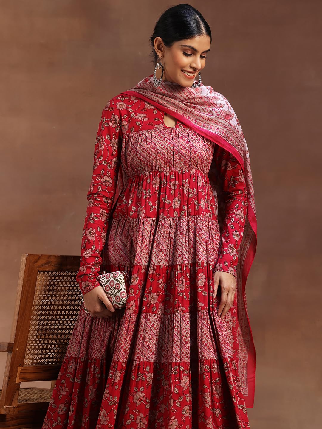 Libas Womens Printed Cotton A-Line Kurta With Churidar And Dupatta