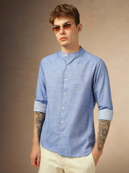 Dennis Lingo Men Slim Fit Cotton Full Sleeves Solid Formal Shirts Blue
