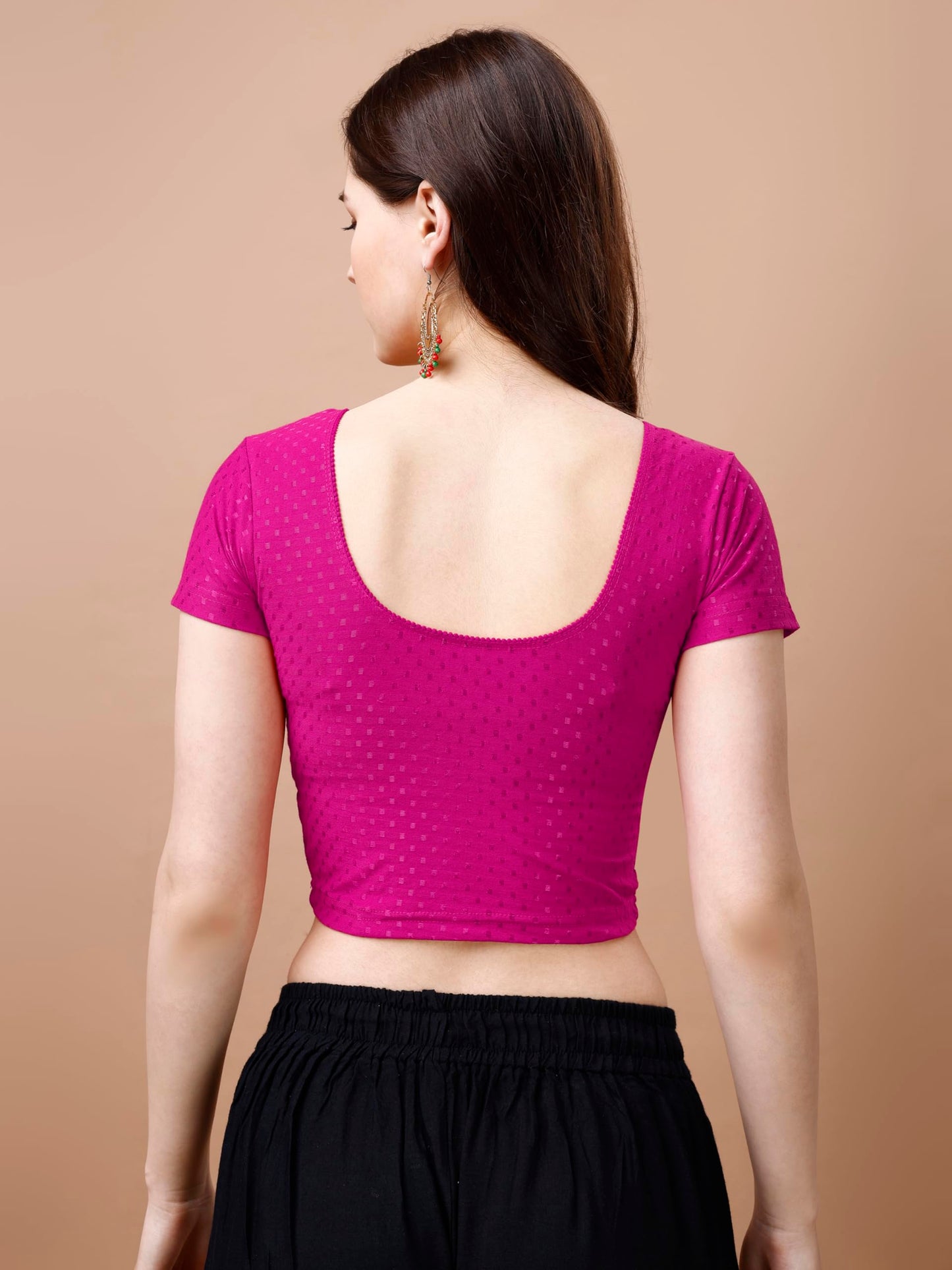 Pujia Mills WomenS Readymade Dobby Cotton Lycra Stretchable Round Neck Short Sleeve Blouse Fancy Pink Color Lycra Stretchable B