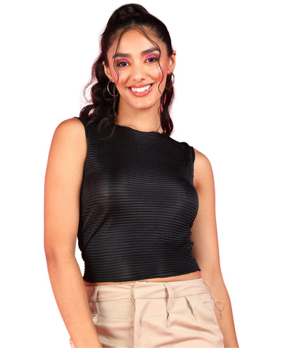 POPWINGS Casual Self-Design Wrinkle Round-Neck Sleeveless Crop Top for Women || Summer Wear Crop Tops for Women || Latest Stylis