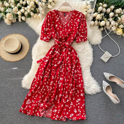 Gufrina Dresses for Women Half Sleeve || Floral Print || V-Neck and Puff Sleeves || Front Open Button & Tie-Up || Midi Dress (Re