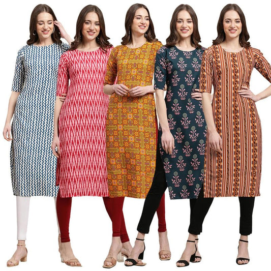 Pinkmint Crepe Digital Printed Kurti For Womens Straight Kurti For Women (Pack Of 5)