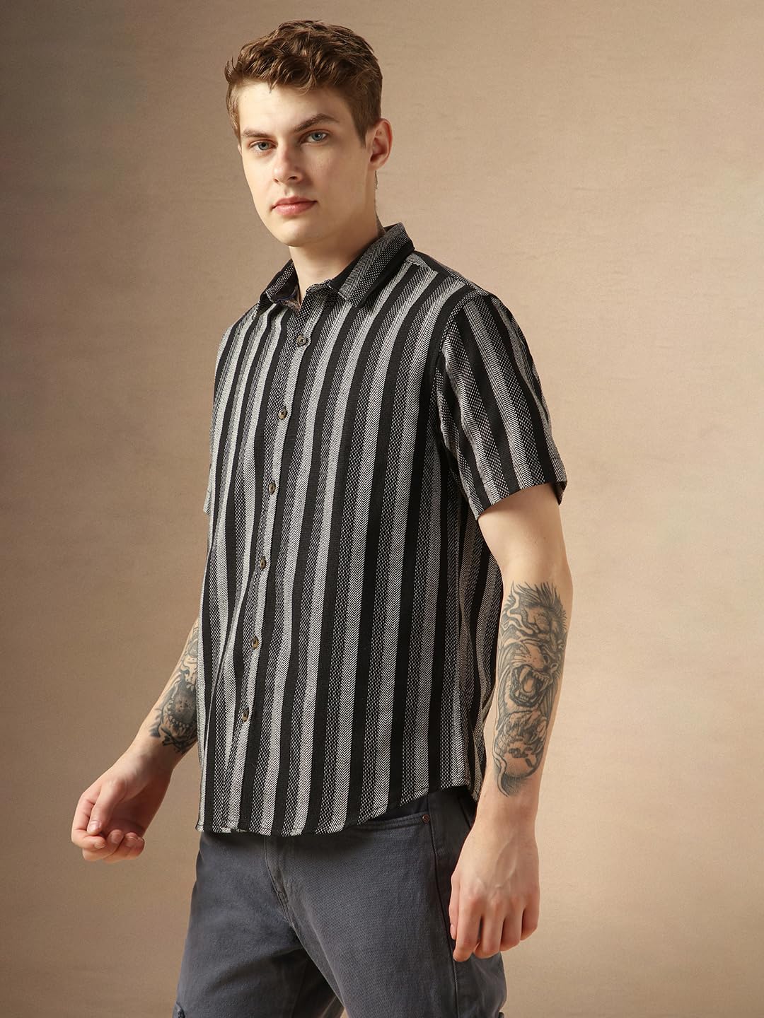 Dennis Lingo MenS Black Cotton Spread Collar Short Sleeves Striped Shirts
