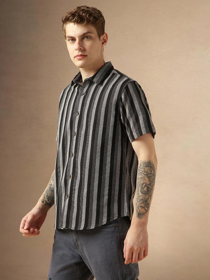 Dennis Lingo MenS Black Cotton Spread Collar Short Sleeves Striped Shirts