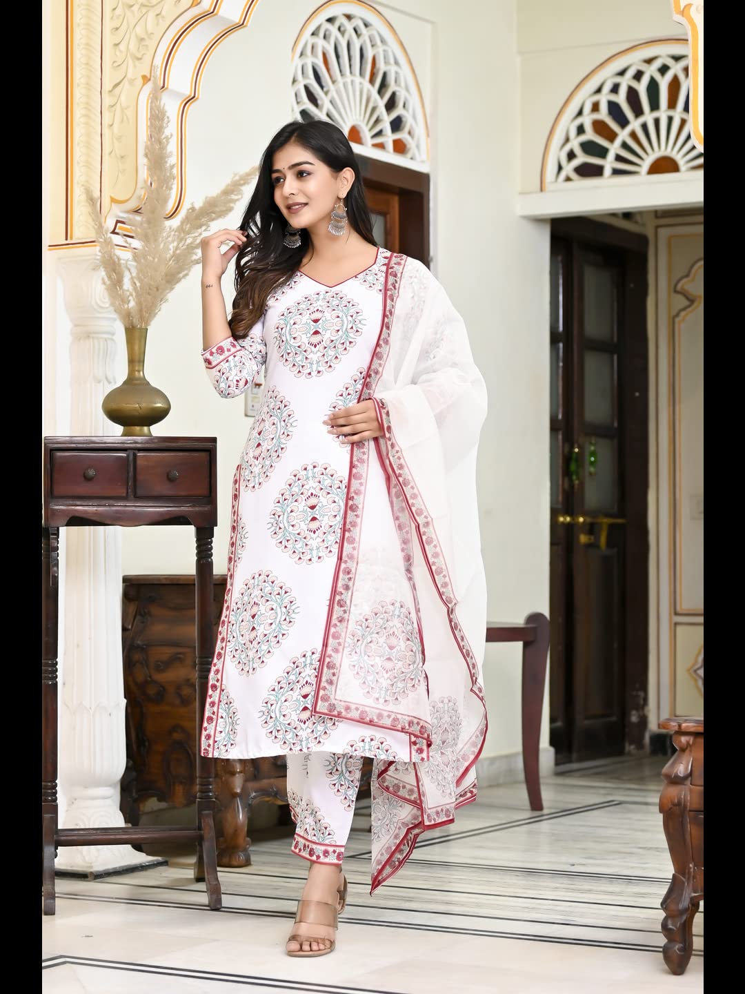 GoSriKi Women's Cotton Blend Floral Printed Straight Kurta with Pants & Dupatta (Cup-Off-White-CMD-GS)