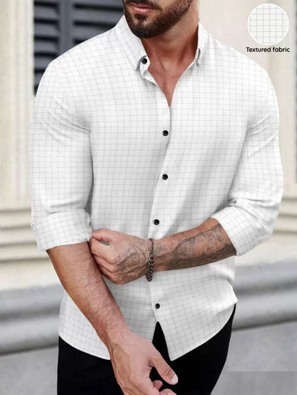 Deemoon MenS Regular Fit Button Down Dress Shirts Textured Long Sleeve Casual Hawaiian Beach Shirt White