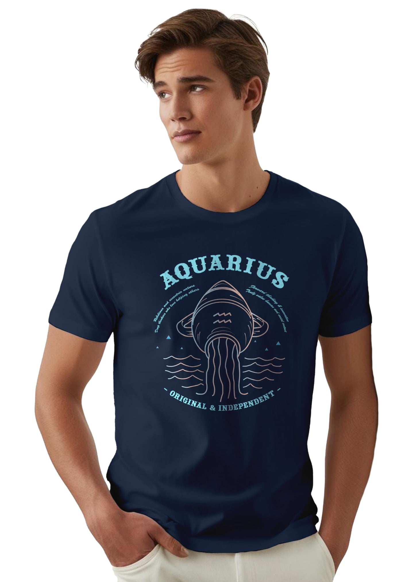 Peppyzone Mens Regular Fit T-Shirt (PZ-ZodiacAquarius6001_Navy Blue