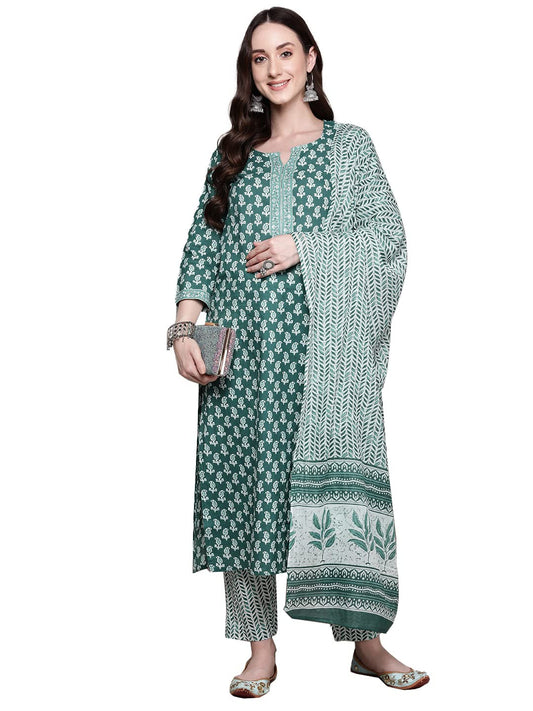 anubhutee Women's Pure Cotton Ethnic Motifs Maroon Printed Straight Kurta Suit Set