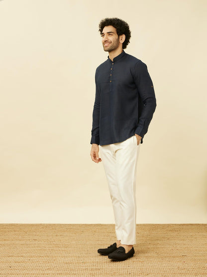 Manyavar Mens Blue Linen Short Kurta