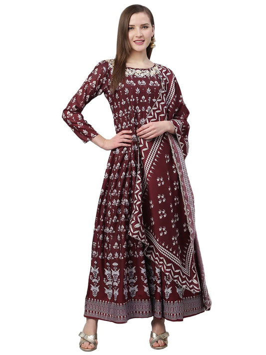 ishin Women's Viscose Rayon Printed Jewel Neck Anarkali Kurta Set with Dupatta