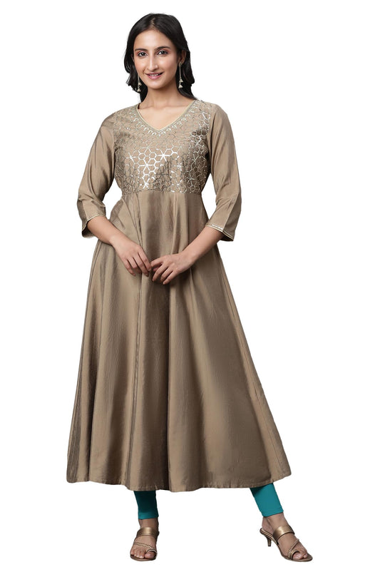 Aurelia Women's Mud Gold Solid Solid Viscose Poly Flared Kurta