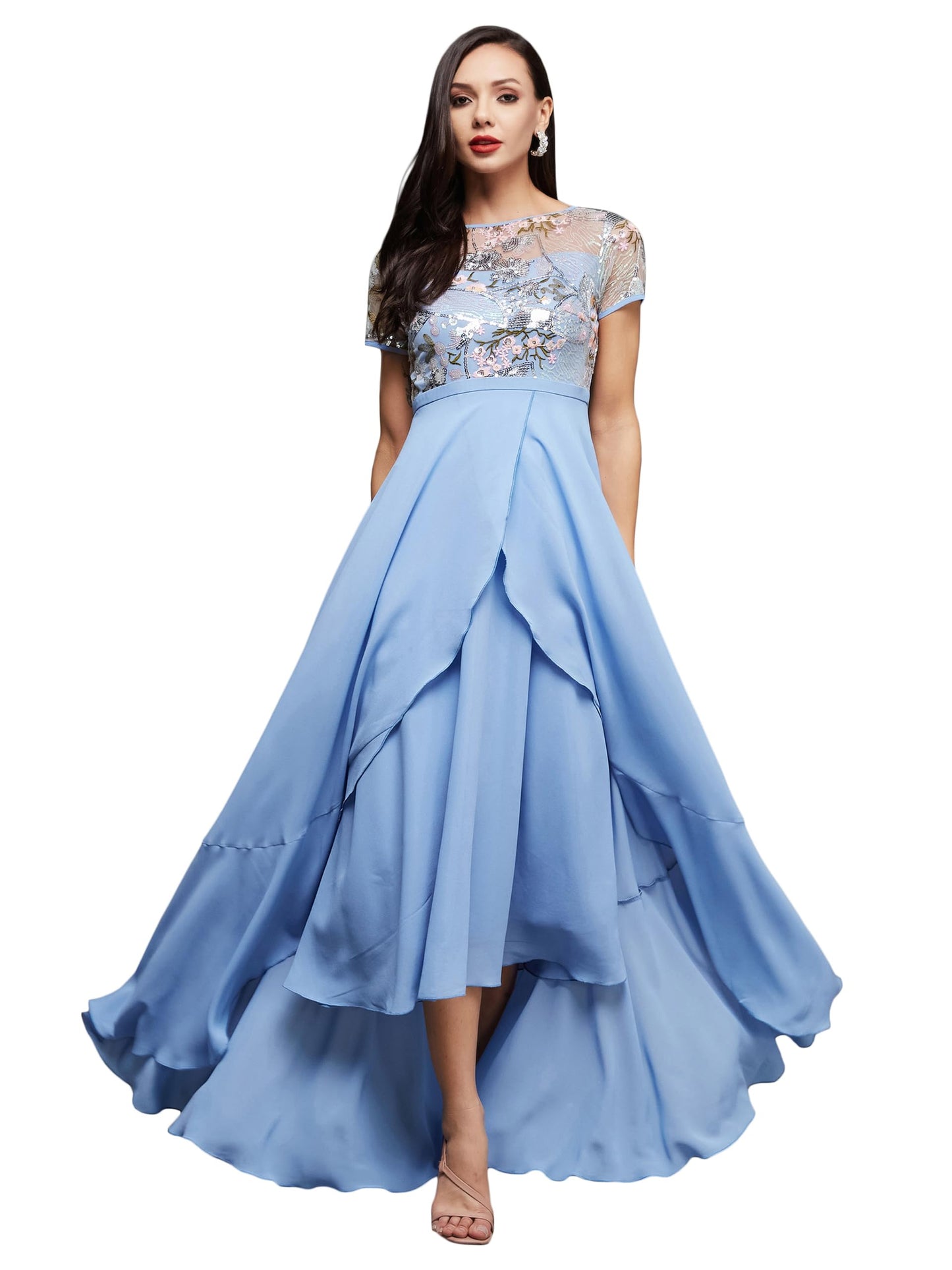 Miss Chase Womens Round Neck Short Sleeve Floral LayeGeorgette Midi Dress (MCAW22D99-88-923-03, Multicolored Base Ice Blue, S)