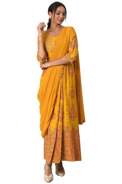 W For Woman Yellow Ethnic Motif Glitter Embroidered Stylised Dress