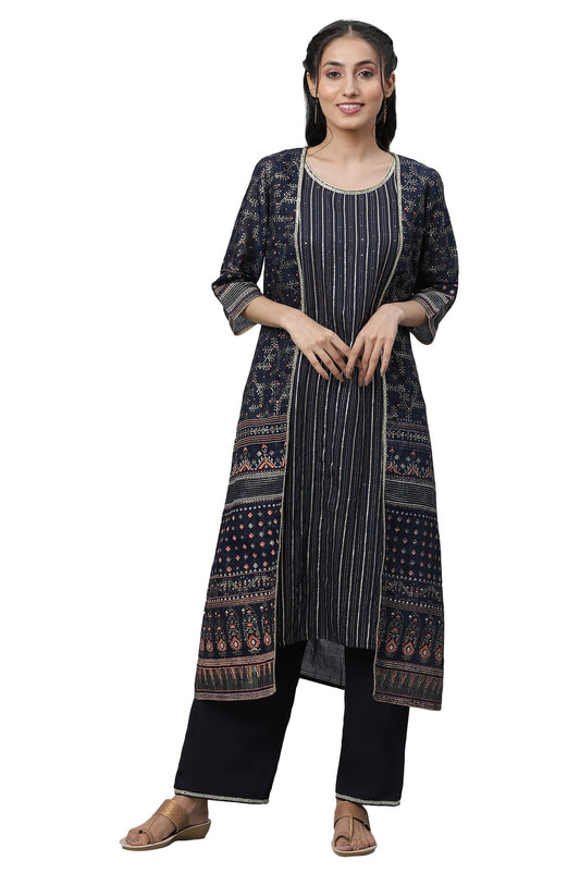 Aurelia Women Maritime Blue Polyester Straight Kurta, Trousers, Gillet Suit Set_23Aud14603-506298