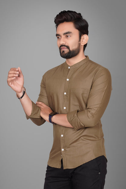 Besix MenS Cotton Solid Shirt With Mandarin Collared Full Sleeve Button Closure Curved Hem Straight Length And One Pocket | Mdr