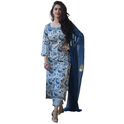 GoSriKi Women's Cotton Blend Straight Printed Kurta With Pant & Dupatta (Please-GO)