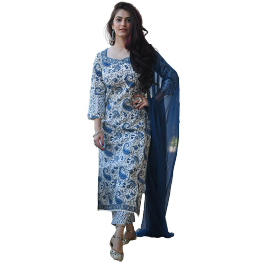 GoSriKi Women's Cotton Blend Straight Printed Kurta With Pant & Dupatta (Please-GO)