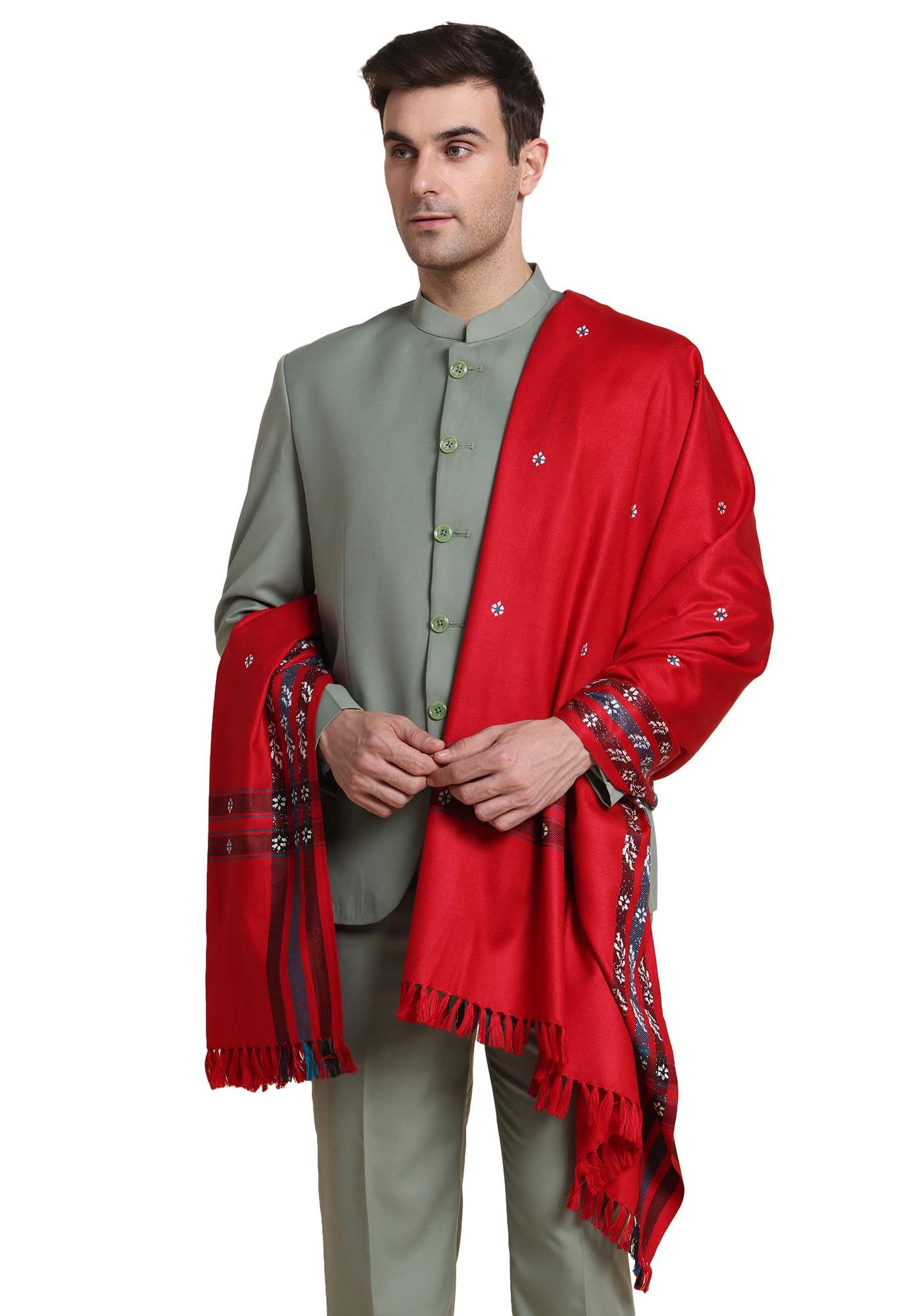 Weavers Villa Mens Acro Wool Blended Shawl - Handloom Border Pattern - Stoles for Men - Gents Shawls - Soft & Warm Wrap - Ideal