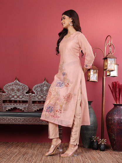 Varanga Women Pure Kantha Hand Embroidered Kurta Set With Dupatta