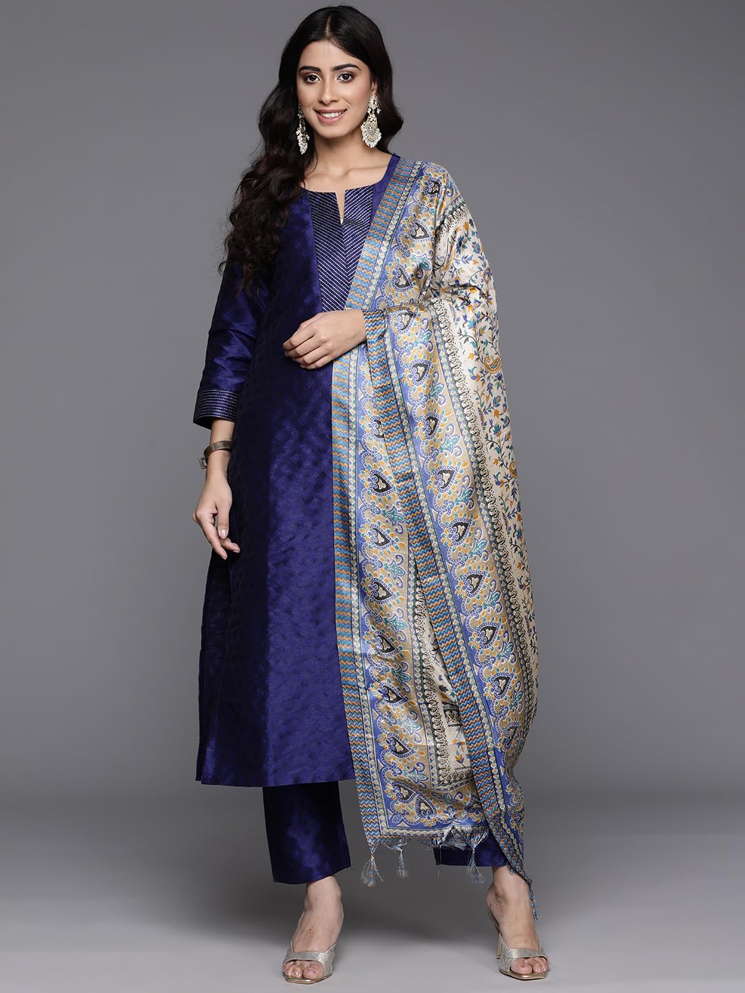 Varanga Women Navy Blue Woven Zari Embroidered Kurta Set With Bottom & Printed Bhagalpuri Dupatta  Round Neck, Zari Work At Plac