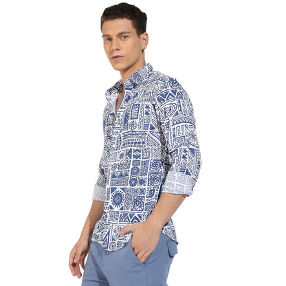 Campus Sutra Mens Indigo Blue Contrast Aztec Shirt for Casual Wear | Spread Collar | Long Sleeve | Button Closure | Rayon Slub