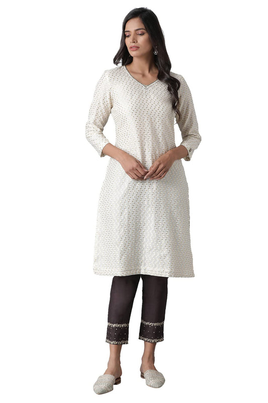 W for Woman Ecru and Gold Jacquard Kurta