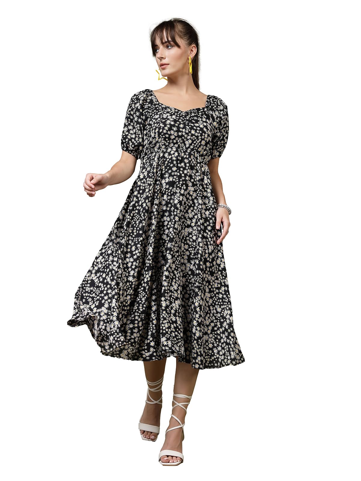 Oomph! Flared Dress For Women Stylish | Long One Piece For Women | Puff Sleeve Long Dress | Floral Print Maxi One Piece | Wester