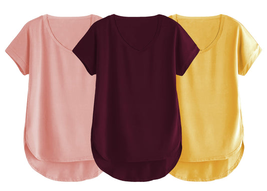 Fabricorn Combo Of Three Plain Mustard Yellow, Dusty Rose And Wine V-Neck Up And Down Cotton Tshirt For Women (Mustard Yellow, D
