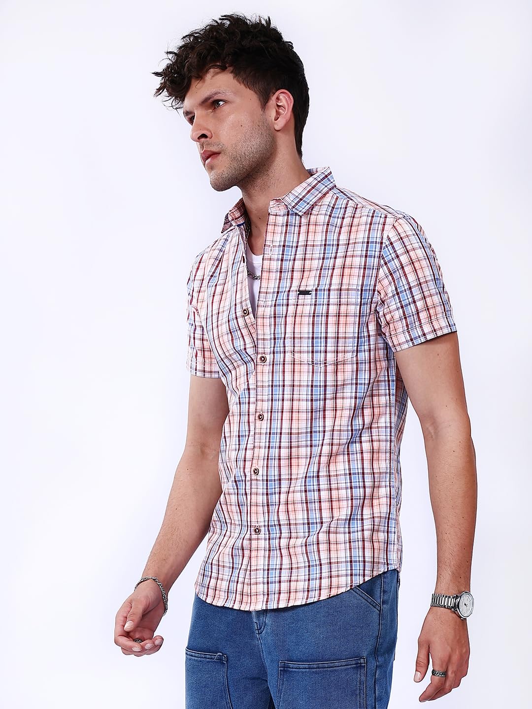 The Indian Garage Co Men Pink Checkered Slim Fit Casual Shirt