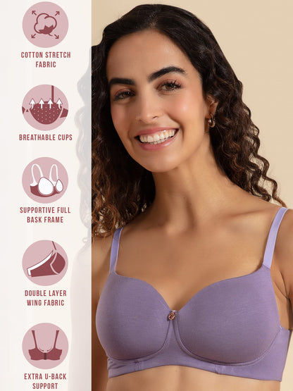Nykd Wireless Everyday Cotton T-Shirt Bra For Women Daily Use - Wire-Free Shaping Bra, Padded, 3/4Th Coverage - Nyb094 (Purple,3