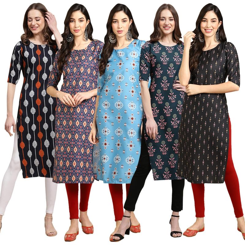 Pinkmint Crepe Digital Printed Kurti For Womens Straight Kurti For Women (Pack Of 5)