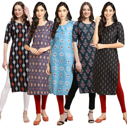 Pinkmint Crepe Digital Printed Kurti For Womens Straight Kurti For Women (Pack Of 5)