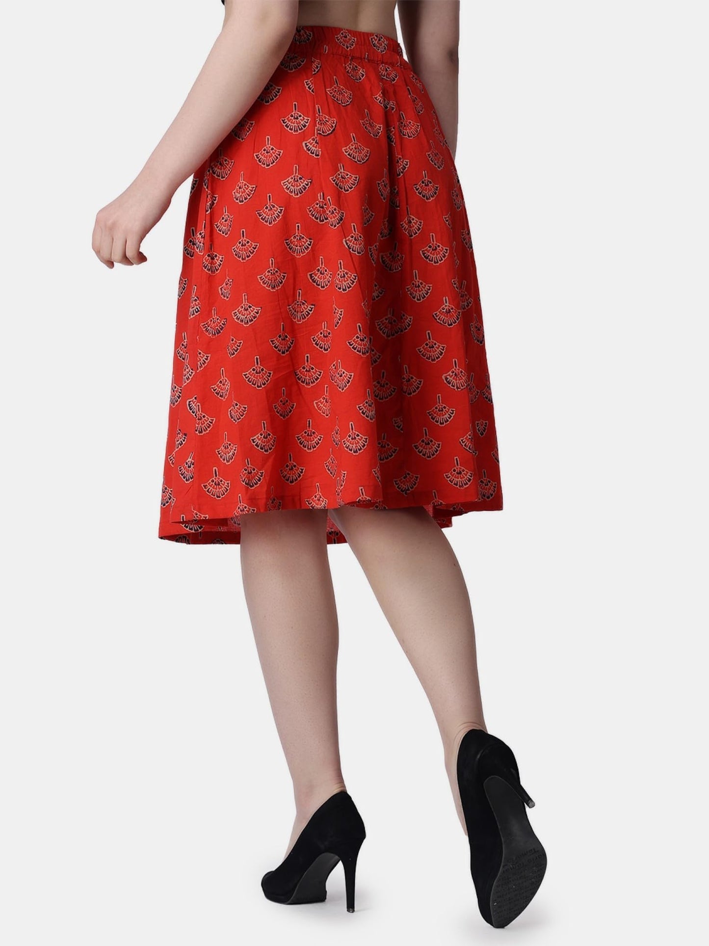 POPWINGS Casual Bagru Printed A Line Knee-Length Skirt for Women | Summer Skirt for Women | Ethnic Skirt for Women Red