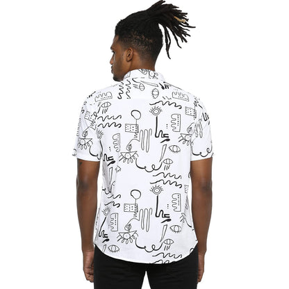Campus Sutra Mens White Doodle Printed Button Up Shirt Regular Fit for Casual Wear | Stylish Modern Clothing Shirt Crafted with