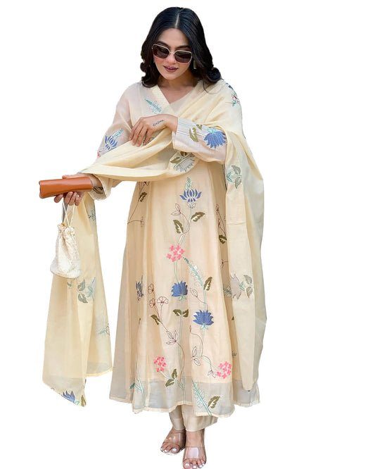 Toochki Women's Muslin Anarkali Embroidered with Printed Kurta with Palazzo and Dupatta