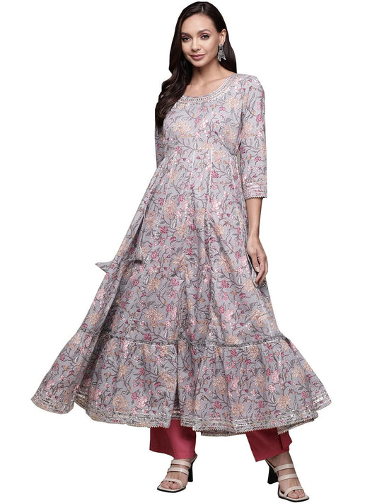 ishin Women's Purple Zari Embroidered Anarkali Kurta