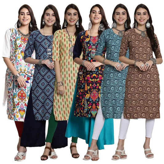 Pinkmint Festival Wear Printed Crepe KurtiS For WomenS Ll Ethnic Kurti Ll Comfortable Kurti (Pack Of 6)