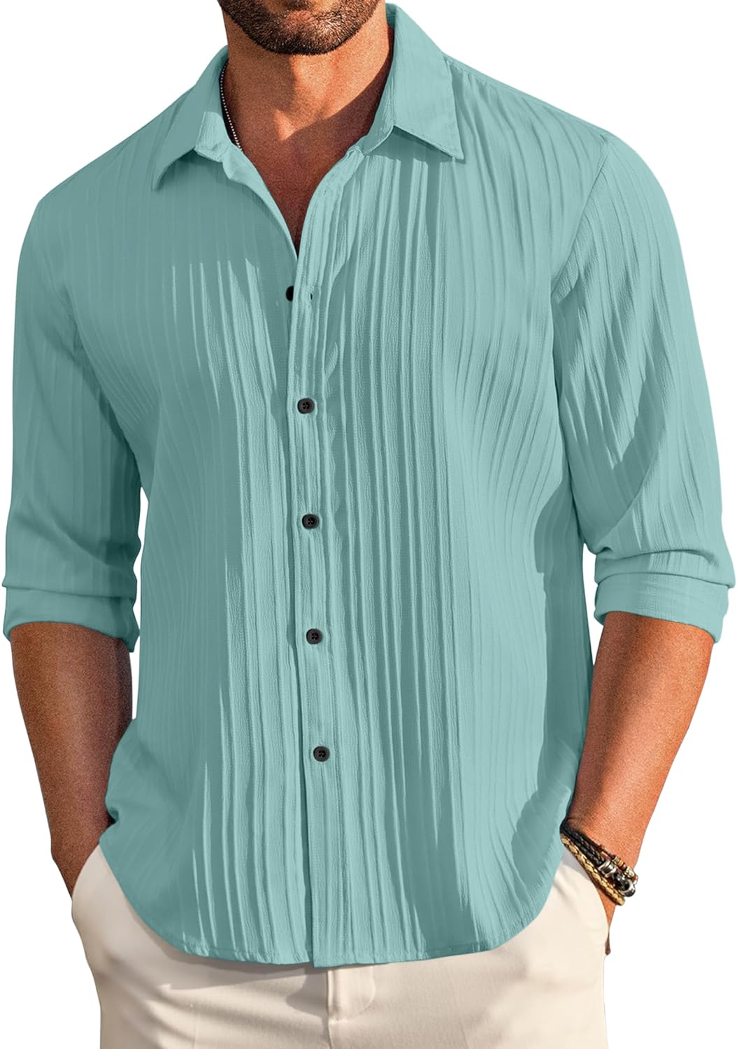 Finivo Fashion MenS Casual Cotton Plain Button Down Shirt Long Sleeve Textured Summer Beach Shirt For Men Turquoise
