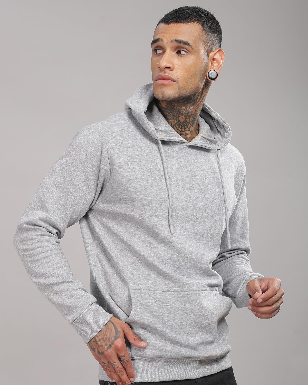 ADRO Men's Cotton Neck Hooded Sweatshirt (H24-M-PLN-GR_Grey