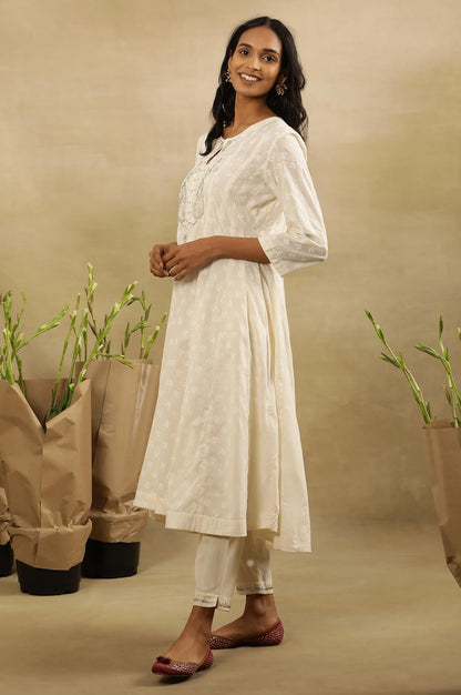 Folksong by W Women White Festive Solid Cotton Flared Kurta