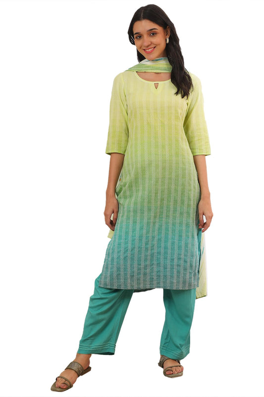 Aurelia Women's Green Yarn Dyed Pure Cotton Straight Kurta with Palazzo & Dupatta Set