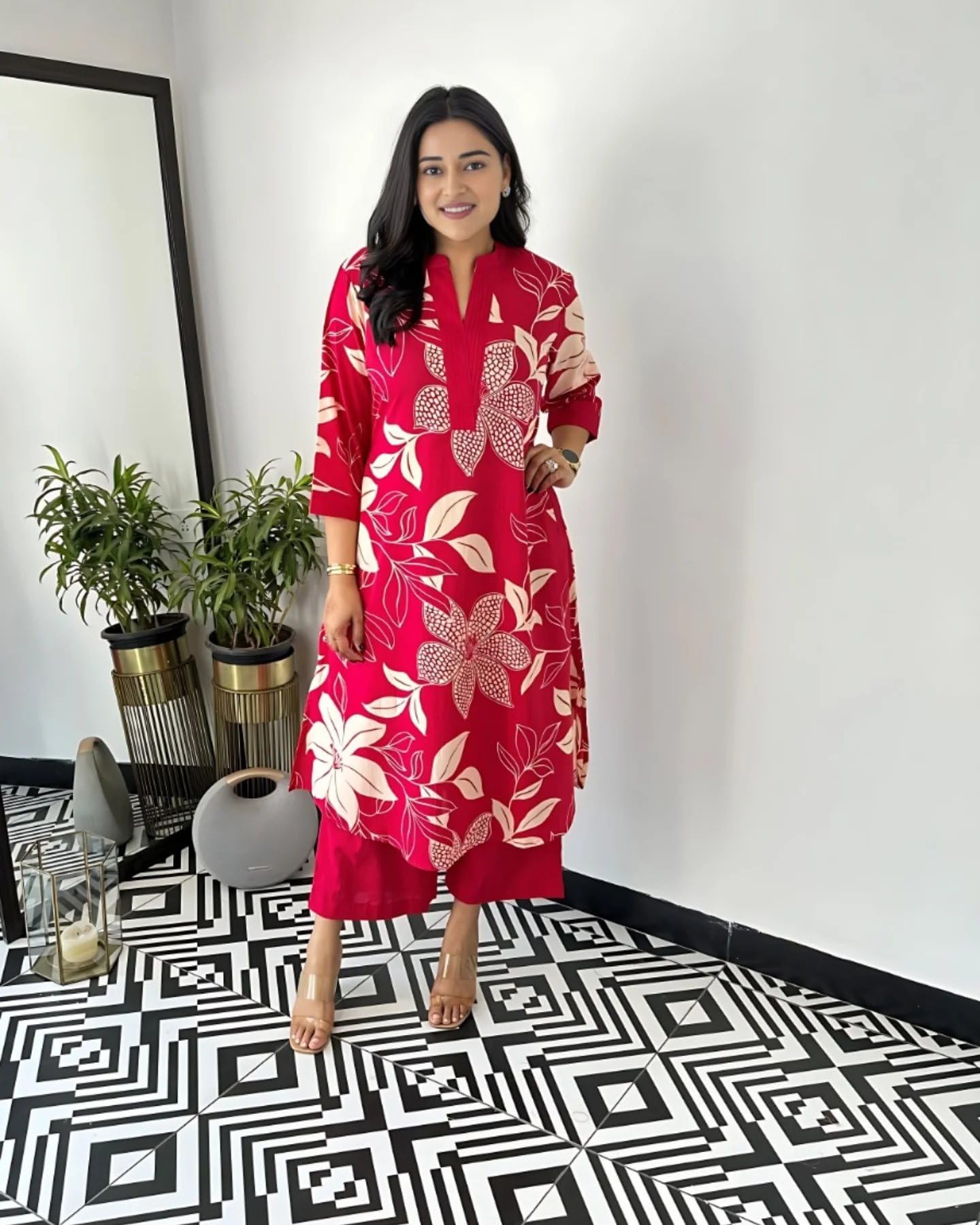 GoSriKi Palazzo Kurta for Women, Viscose Rayon, Printed, Size 44, Pink, Model SAVYA PINK-GS