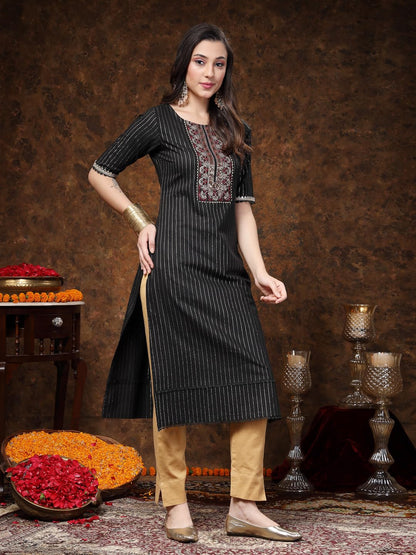 Stylum Womens Woven Design & Embroidered Lurex Cotton Straight Kurta Black