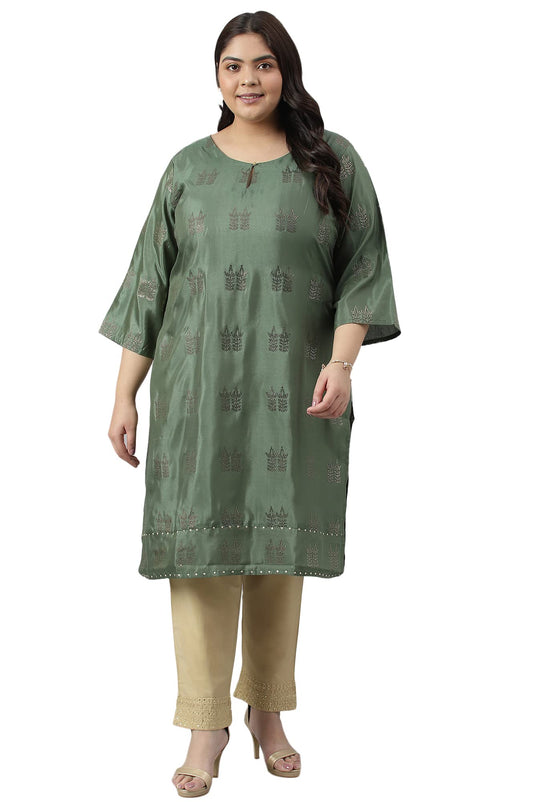 W for Woman Women Polyester Shantung Plus Size Kurta With Pant With Mukaish Print