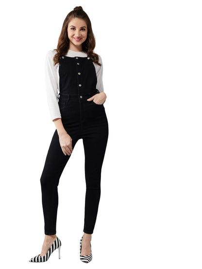 Dolce Crudo Womens Black Skinny High Rise Clean Look Regular Stretchable Denim Dungaree with Pockets (DOSS20DEN04-47-62_Black _