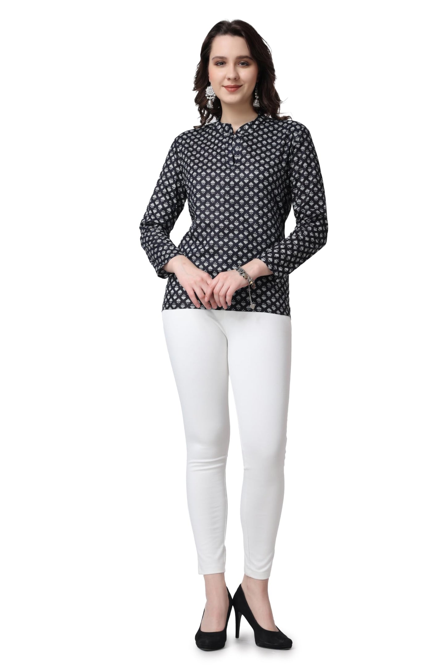 POPWINGS Women Casual Pure Cotton Black & White Booti Printed Short Kurta | Women Short Kurta | Women Printed Short Kurti